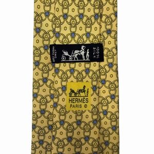 Hermes Mens Tie Spiral Chain Links Yellow/Blue Silk 7575 SA 3 5/8" (W) x 60" (L)